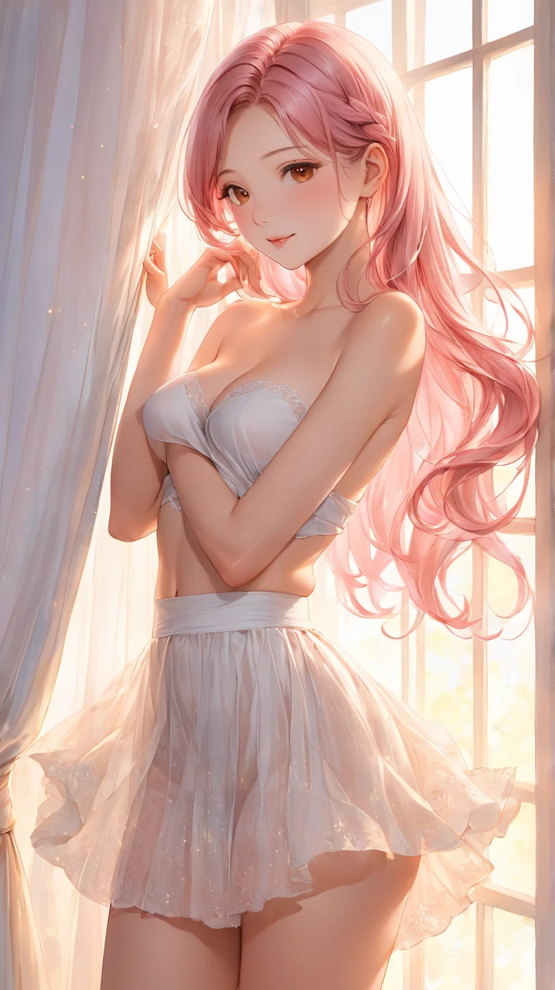 Anime girl, Zero Two, 002 from Darling in the franxx (best quality,4k,8k,highres,masterpiece:1.2), ultra-detailed, (Anime art style:1.37), portraits, solo, one girl, long hair, beautiful detailed horns, pink hair, smooth pantyhose, stunning breasts, delicate hairband, enchanting smile, captivating gaze, black pantyhose, medium breasts, white hairband, simple background, elegant arms behind head, graceful arms up, stylish bangs, mesmerizing green eyes, Detailed Eye, elegant dress, delicate closed mouth, Red Coloured_Xs_and_Os Women's Lace & net Floral Above-knee Babydoll Lingerie, fiery red horns, exquisite lingerie, breathtaking red lingerie, alluring lingerie, cascading very long hair, straight hair, confident standing pose, elegant necktie.