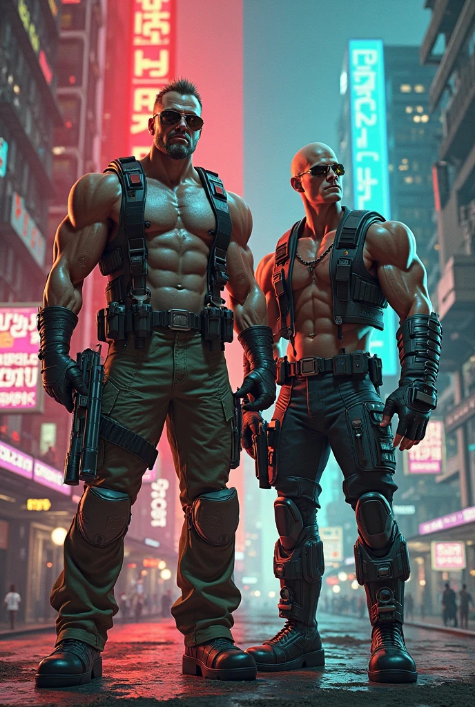 thin man, serious face, male,gray hair, barba curta, with cybernetic arm, robotic arm, with robotic prosthesis,implants on face,wearing comfortable clothes, jeans cinza, camisa regata cinza, t-shirt, shirt, tattoo on upper arm,with all hair shaved, very short hair, full body, cyberpunk, dark cyberpunk, futuristic.