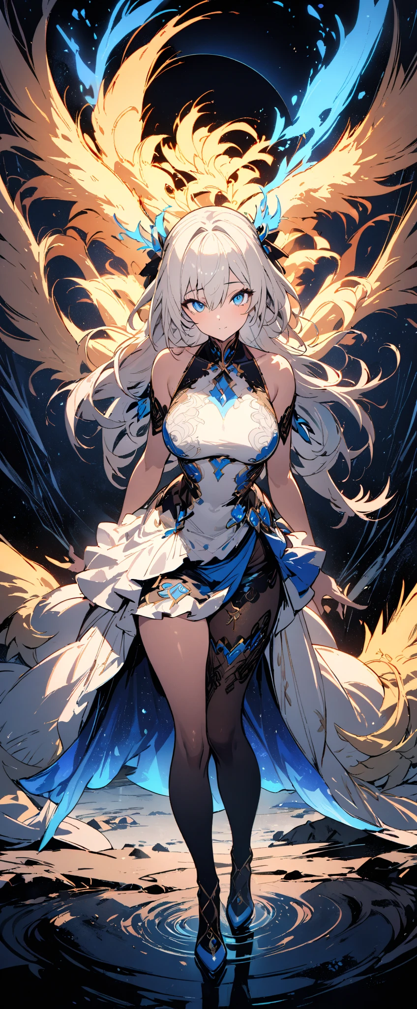 ((masterpiece、Super detailed、intricate details、high quality、An illustration))、dragonと女の子 、18-year-old、155cm、45kg、C cup、beautiful girl、Magical girl（（short cut slim body、A body with no slack at all、silver hair、platinum blonde、odd eye、Black eyes、blue eyes、Rin々new expression））、（rainbow colored leotard dress、sheer ruffle leotard dress、Sheer skirt、Frilled ribbon on the chest、large ribbon on the back）beautifully、be familiar with、risky、whole body、See-through、has a blue sword、full moon、moonlight、Cleavage is exposed、dragon（（（Dragon Knight、神秘的なdragon、咆哮するdragon）））Overall image、whole body、View from a distance、dragonの顔、firmament、night sky、（（（dragonに身を寄せる少女、少女の後ろにdragonの顔、正面を見るdragon）））少女の後ろに佇むdragon、少女を守るdragon、Guardian Dragon