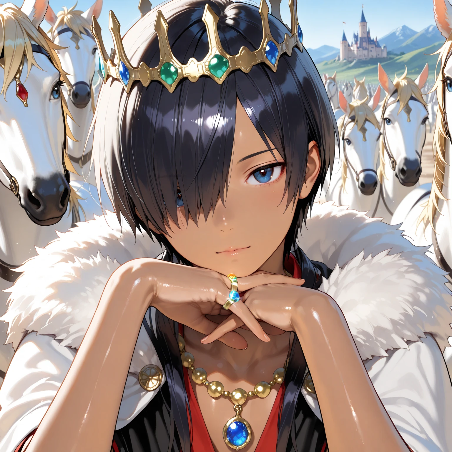 16k、portrait photography、makes an aesthetic,(masterpiece,best quality:1.4),(8k,raw photo,photo realistic:1.2),shiny skin,detailed skin,detailed face,detailed eyes、Master piece,Best Quality,ultra detailed,Photorealistic,Realistic, real、(masterpiece), (best quality), (8K), (good ), (perfect ), (nice hand), (perfect hand),Break 、((male focus))、elementary school boy, 1boy, {{official style}},KAZUMA IKEZAWA,Summer Wars、tan skin,black short hair、hair over one eye、
BREAK, blonde, long hair, drill hair, trimmed bangs,
blue eyes
jewel necklace, jewel ring, jewel crown, gold accessories, jewelry, gold ring, ,(1boy,prince) is riding a white horse in mountain path,castle,, cloak, fur, 
medieval、
surrounded by many vassals, many knights