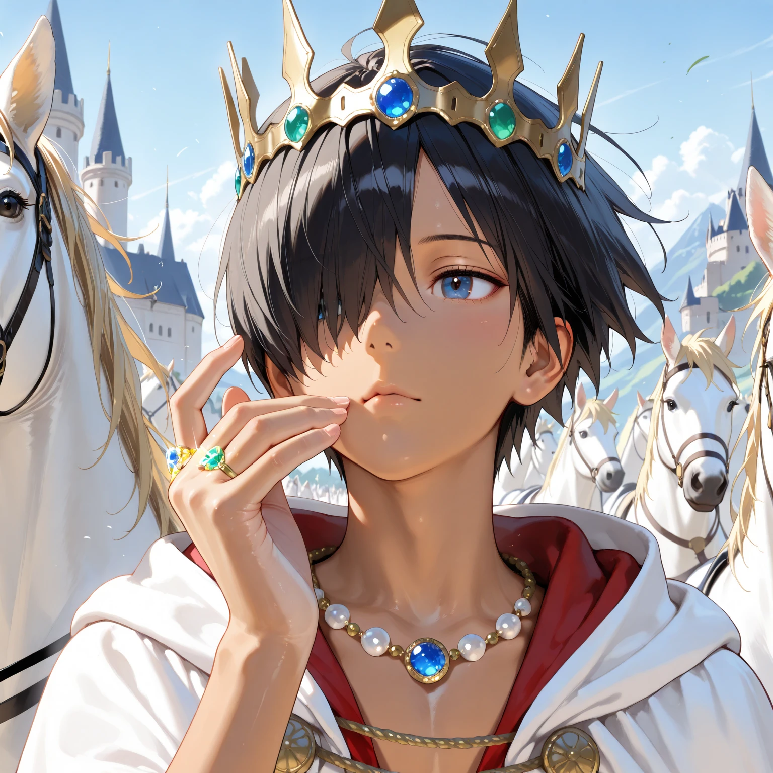 16k、portrait photography、makes an aesthetic,(masterpiece,best quality:1.4),(8k,raw photo,photo realistic:1.2),shiny skin,detailed skin,detailed face,detailed eyes、Master piece,Best Quality,ultra detailed,Photorealistic,Realistic, real、(masterpiece), (best quality), (8K), (good ), (perfect ), (nice hand), (perfect hand),Break 、((male focus))、elementary school boy, 1boy, {{official style}},KAZUMA IKEZAWA,Summer Wars、tan skin,black short hair、hair over one eye、
BREAK, blonde, long hair, drill hair, trimmed bangs,
blue eyes
jewel necklace, jewel ring, jewel crown, gold accessories, jewelry, gold ring, ,(1boy,prince) is riding a white horse in mountain path,castle,, cloak, fur, 
medieval、
surrounded by many vassals, many knights