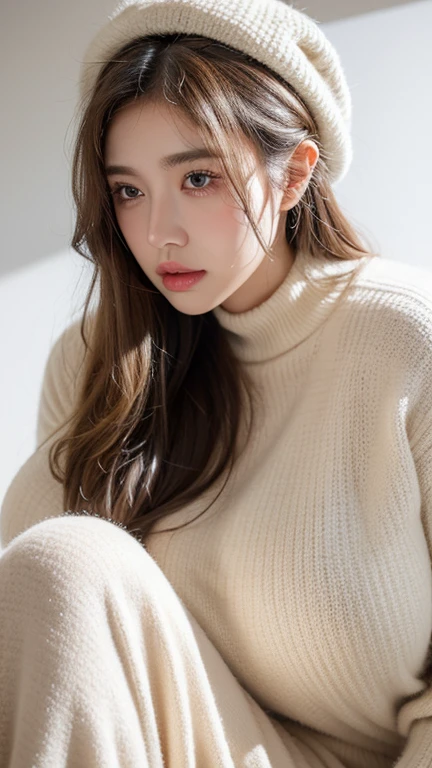 dark brown hair、Light brown eyes、The face of the Japan actress、adult lady、(Looks like he's about 40 years old)、(intricate-detail:1.2)、(top-quality:1.4)、 (超A high resolution:1.2)、超A high resolution、(A detailed eye)、(detailed facial features)、nffsw、8K resolution、moderately sized udder、She is wearing a warm loose white sweater and skirt.、Knees are smooth,length hair,Relaxing on a fluffy sofa、