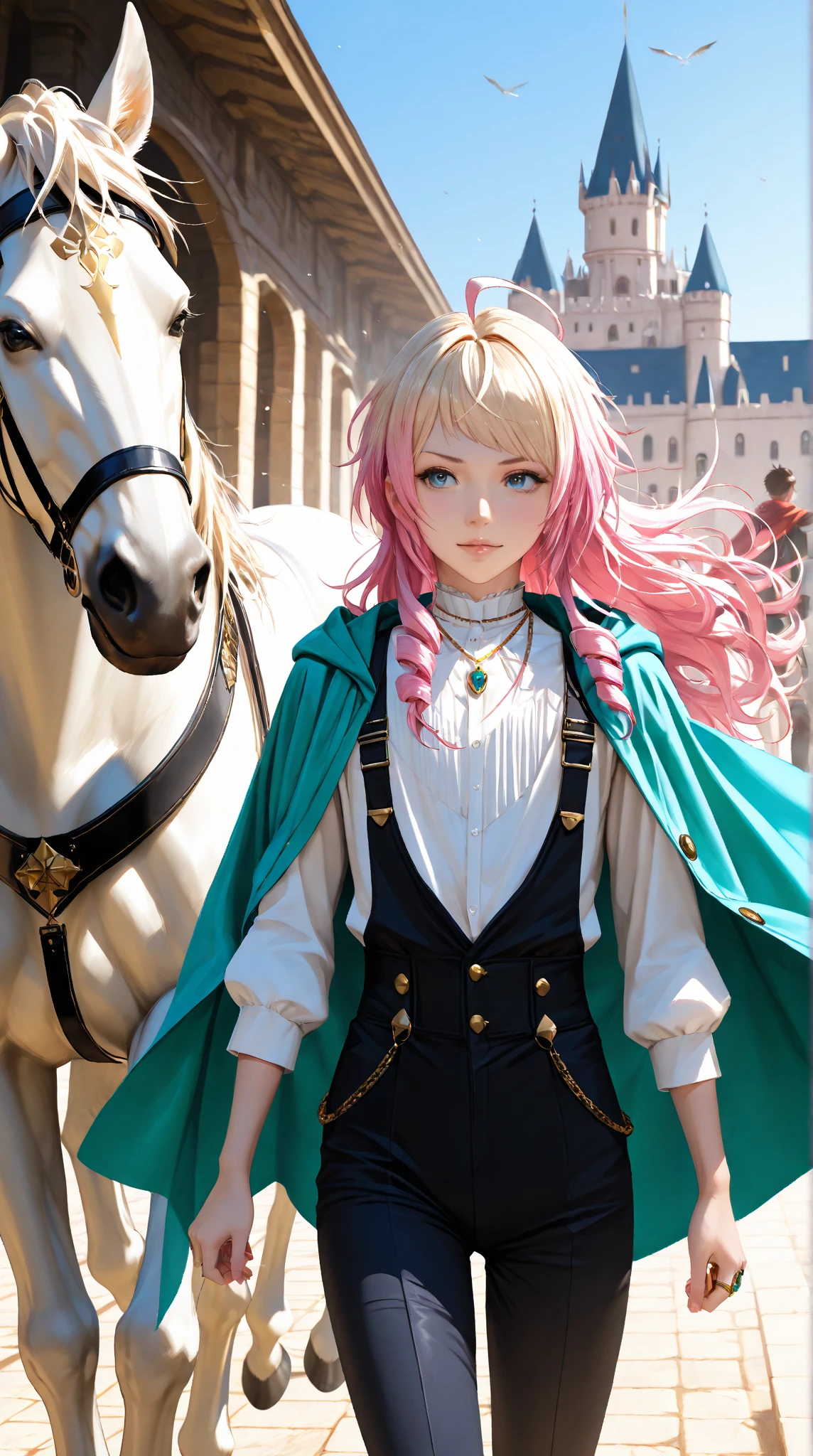 makes an aesthetic,Master piece,Best Quality,ultra detailed,Photorealistic,Realistic, real、(masterpiece), (best quality), (8K), (good ), (perfect ), (nice hand), (perfect hand),Break 、male focus,male focus、FLAT CHEST、
1boy,, very aesthetic, best quality, intricate, overall detail, 1 girl and 2 boys, height difference, {mother and sons}, 2 boys A and B, A amemura ramuda, hypnosis mic, short pink hair, messy hair, ahoge, (Male Focus), scrawny、petite 
BREAK, blonde, long hair, drill hair, trimmed bangs,
blue eyes、
jewel necklace, jewel ring, jewel crown, gold accessories, jewelry, gold ring, ,(1boy,prince) is riding a white horse in mountain path,castle,, cloak, fur, riding a white horse, the white horse is running, dust from the ground, hair blowing in the wind、
medieval、
surrounded by many vassals, many knights