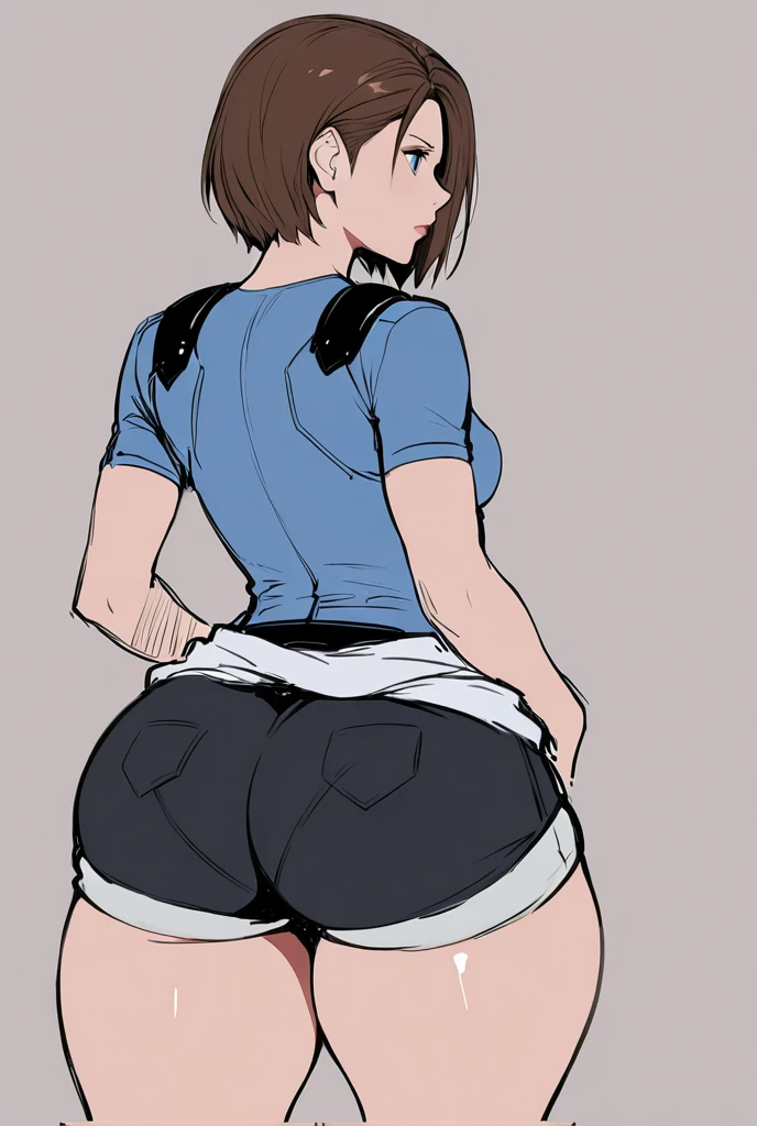 ((masterpiece, best quality)), ((34 year old)), (((Curvy))), (((Japanese woman with messy brown hair)), in blue short sleeve shirt over long sleeve grey shirt, ((white cotton panties)), (((Large Hips))), shocked expression, blushing, (((realistic art style)))