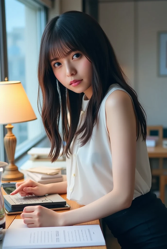 a 20 year old japanese actress with the most beautiful woman's face in the world, perfect propotions of a woman's body, blazer is worn on shirt, hands are off vagina between opened legs, two pairs of labia under clitoris, woman's pubic hair, sitting on a desk chair in office, one person, nsfw, best quality, highly detailed, masterpiece, ultra high res, photo realistic, 8k