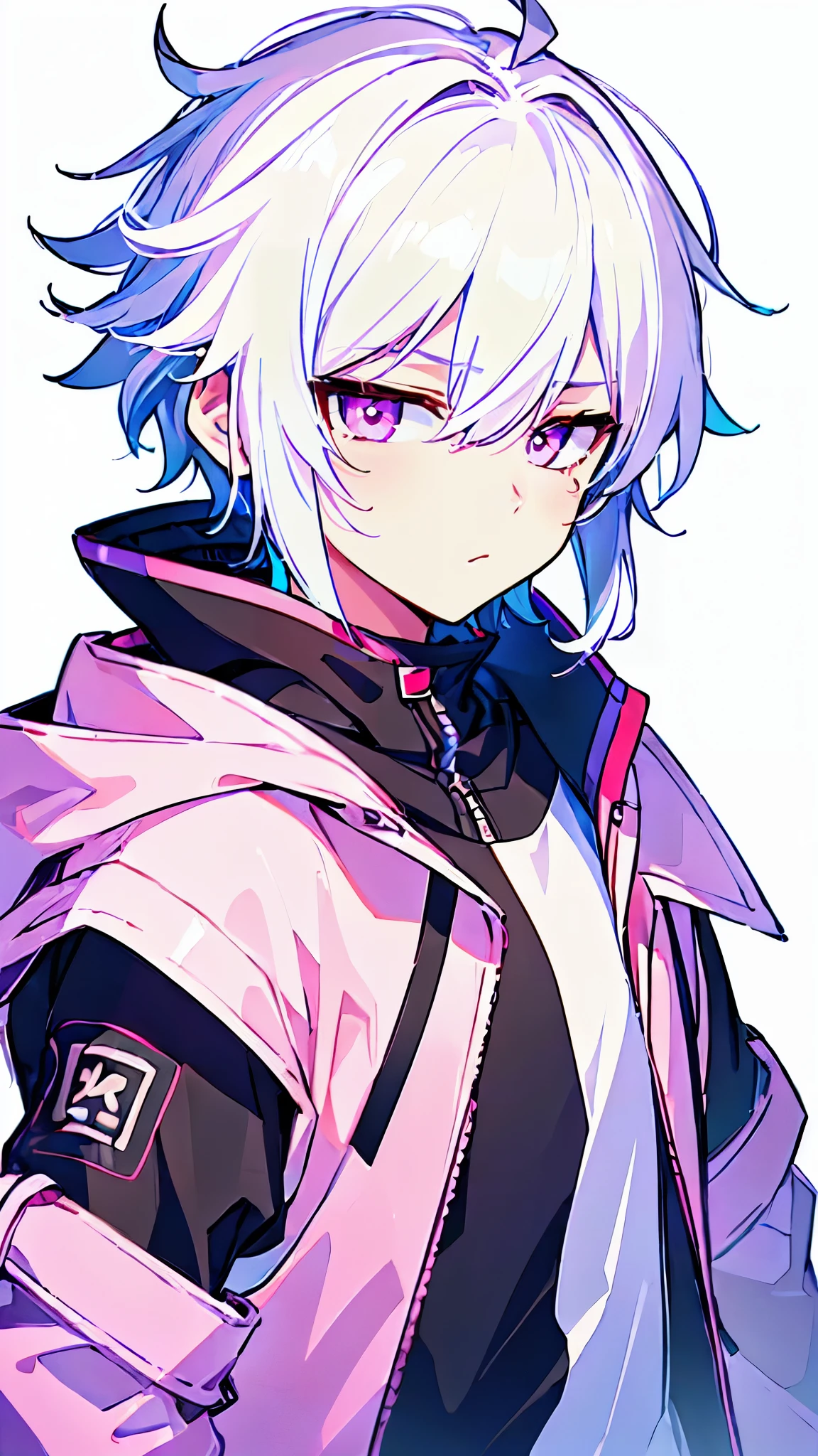 [(WHITE BACKGROUND:1.5),::5], ((((masterpiece)))), high quality, ultra very high resolution, full color, Cyborg, (((solo))), ((little younger boy)), ((men's short White hair)), (Pink eyes), anime, ((upper body)), Cyber body, black parka, 
