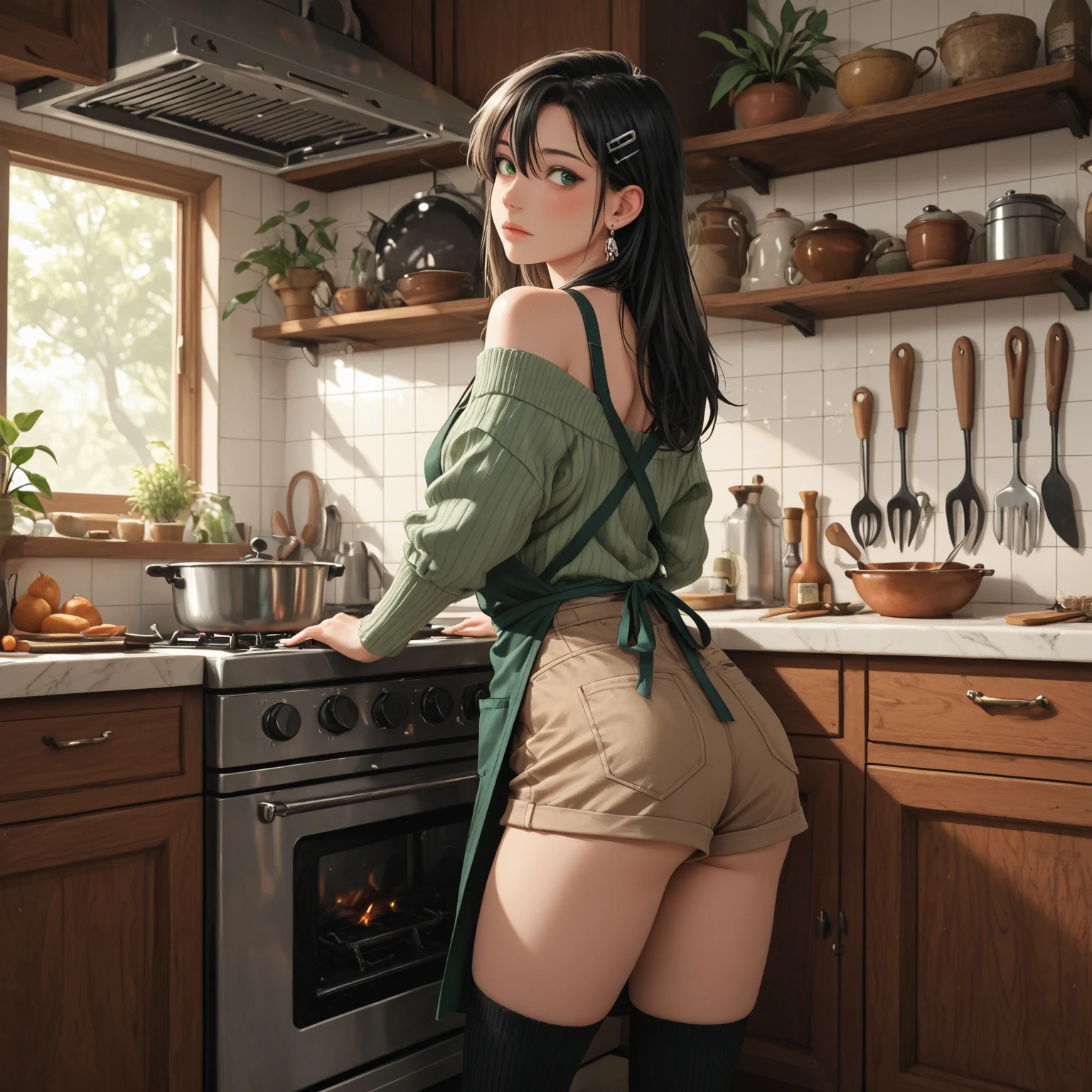 masterpiece, best quality, highres, bbyorf, long hair, red eyes, medium breasts, wearing only a black thong, white apron, rear view, standing in a kitchen, cooking food on a stove,