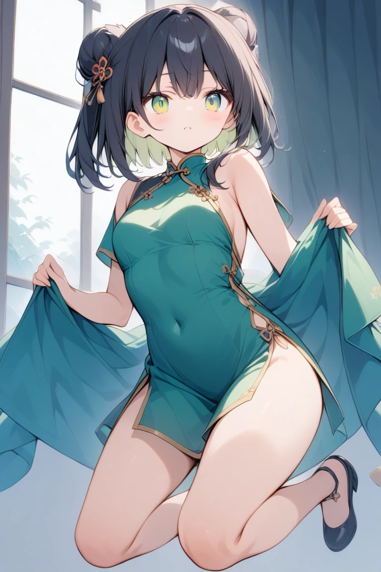 8k, best quality, masterpiece, highly detailed, tiny girl (petite, flat chest, thick thights), black hair, green eyes, curly hair, in sheer lace ted tight chinese dress, visible nipples, asian temple background, open mouth, tongue out