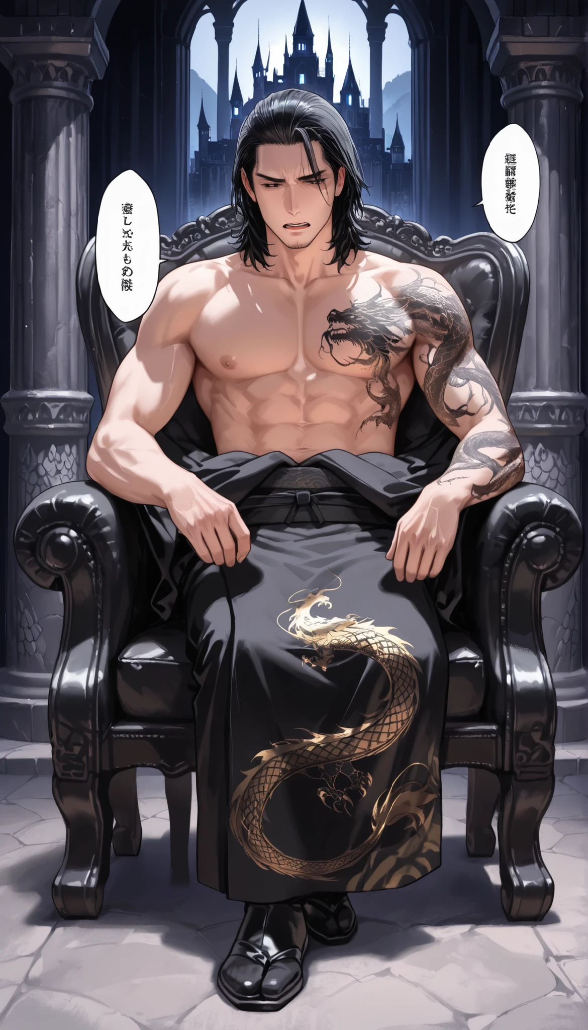 background, palace in a cave, yakuza boy, black kimono with dragon pattern, talking, black hair, medium hair, topless, chest, handsome, dragon tattoo, sitting on royal black chair, castle pillar, indoor, black castle,