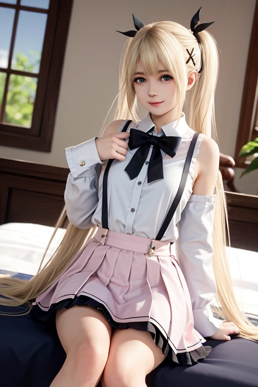 masterpiece, high quality, 1girl, gyaru, blonde hair, pink eyes, school uniform, thighhighs, pink bra