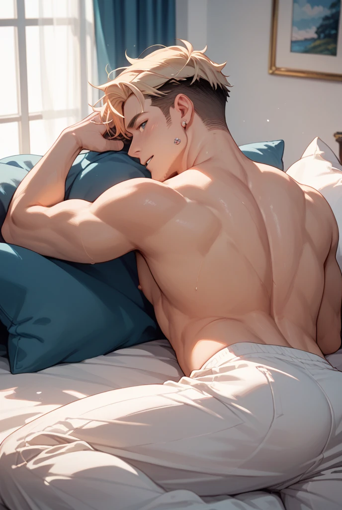 (1boy), femboy, (aesthetic:1.2), (realistic:1.25), ultra-detailed, (best quality, 4k, 8k, highres, masterpiece:1.2), portrait, soft lighting, painting-like, beautiful detailed eyes, beautiful detailed lips , slim figure, (femboy:1.2), (petite:1.1), (twink:1.1), light orange shirt, unbuttoning pants, revealing, white hair, blue eyes, (round ass:1.1), (rear view:1.1), (strip:1.1), (tease:1.1), (bottomless:1.1), (posing:1.1), (delicate:1.1), (boy), (man), (twink), (testicles)