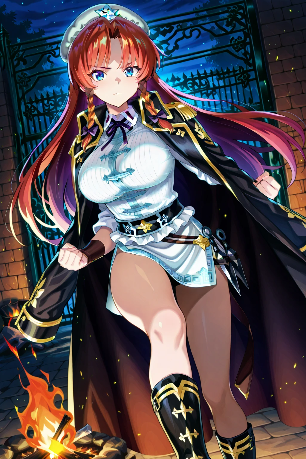 vitaly tynyanov, (long hair, red hair:1.5), (yellow eyes:1.5), pantyhose, skirt, hand_on_hip, 1girl, breasts, looking_at_viewer, solo, indoors, large_breasts, long_sleeves, blue_jacket, pleated_skirt, brown_legwear, shirt, holding, blue_shirt, jacket, mole, uniform, standing, miniskirt, medium_breasts, black_legwear, "long shot scenic professional photograph of {prompt}, perfect viewpoint, highly detailed, wide-angle lens, hyper realistic, with dramatic sky, polarizing filter, natural lighting, vivid colors, everything in sharp focus, HDR, UHD, 64K", anime coloring, anime screencap, steaming body, fog, heavy breathing,