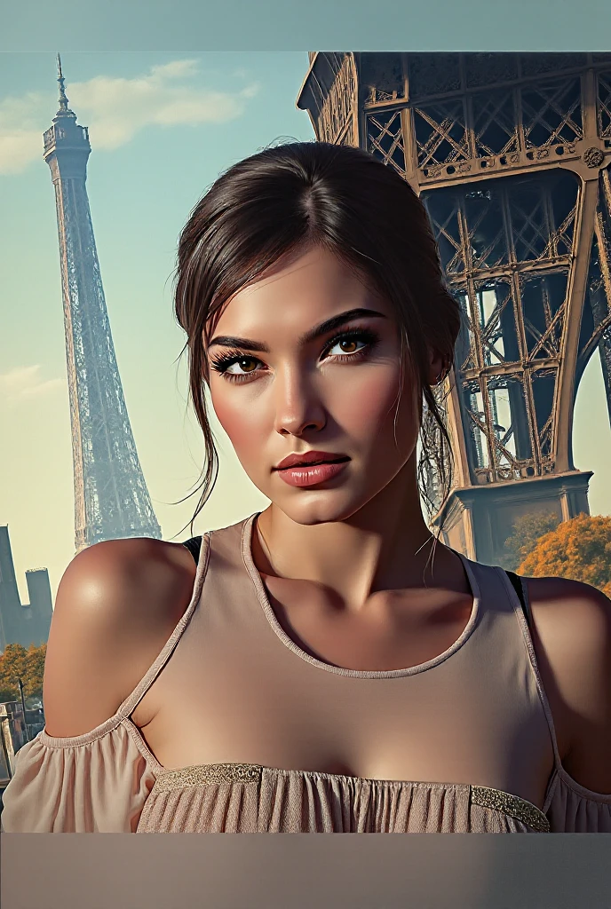Daisy Ridley, wearing nude breasts veil bride costume, against the background of the Eiffel Tower, character portrait, 3 9 9 0 s, long hair, intricate, elegant, highly detailed, digital painting, artstation, concept art, smooth, sharp focus, illustration, art by wlop, charlie bowater and alexandra fomina, 36k