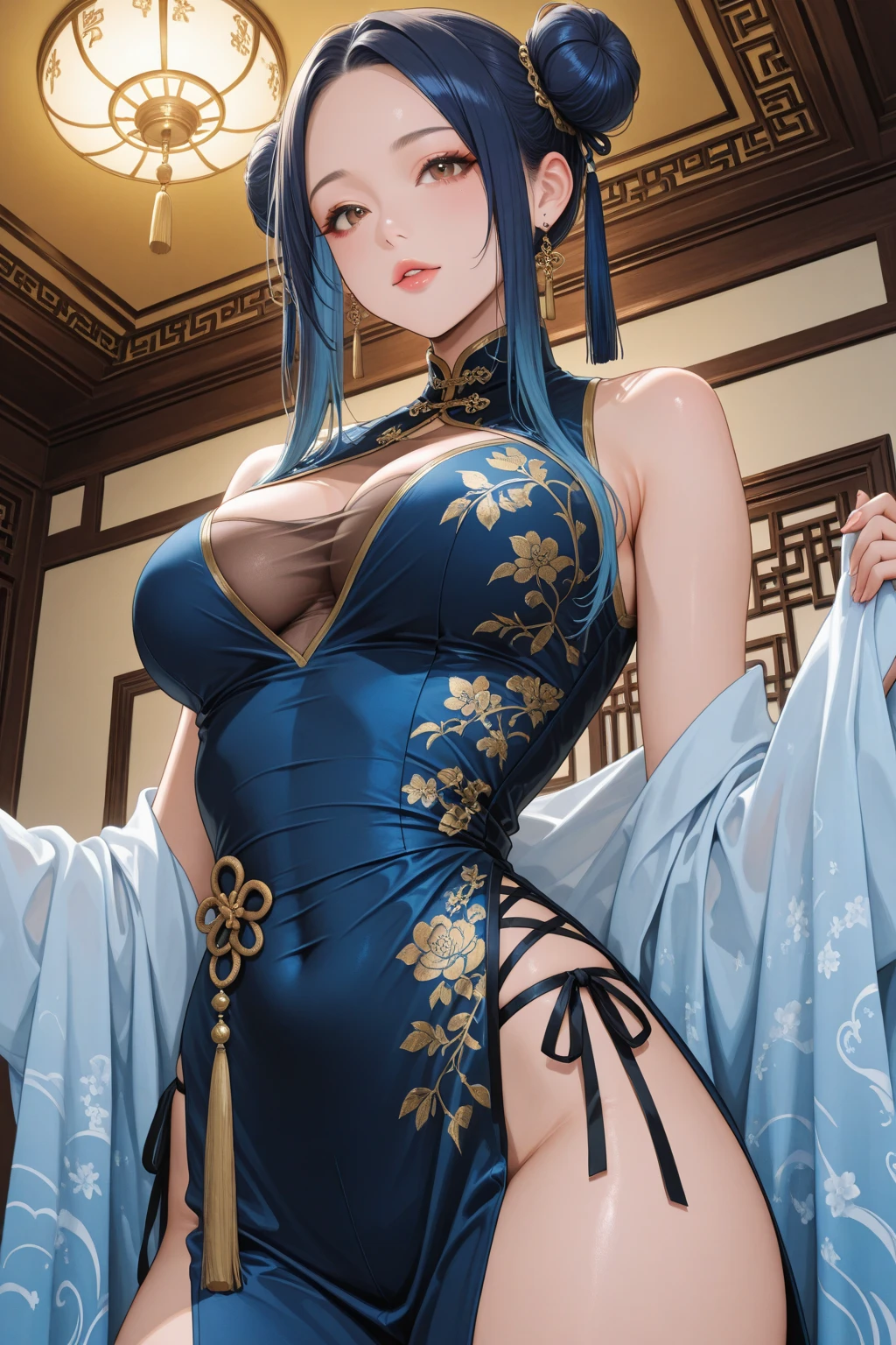 1 girl, wavy hair, long hair, blue eyes, erect nipples, areola slip, big breasts, earrings, blushed, brocade pattern, china dress, pubic hair, no panties, blurry background, folding fan