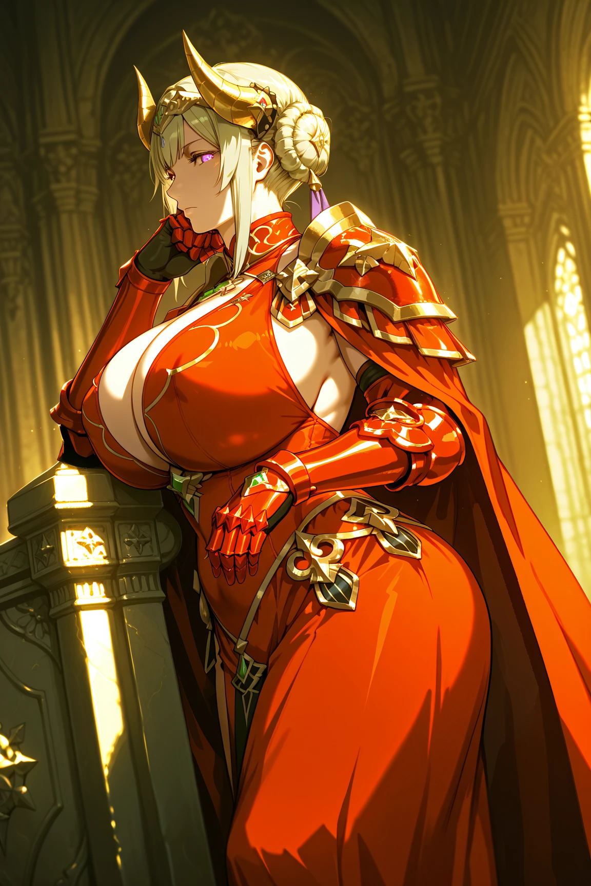 Lian, long white hair, hair stick, bangs, blue eyes, solo, smiling, standing, upper body, hips, bare shoulders,purple thighhighs, red dress, gold jewelry,armor,gloves,circlet, cleavage, red and gold royal castle, gigantic breasts, (best quality, masterpiece, beautiful and aesthetic:1.2, highest detailed face, perfect face,)  eyes, perfect face,expressive eyes,
looking at viewer, in the center of the image,(Upper_body),(Focus on her face),
official art,extremely detailed CG unity 8k wallpaper, perfect lighting,Colorful, Bright_Front_face_Lighting,shiny skin, 
(masterpiece:1.0),(best_quality:1.0), ultra high res,4K,ultra-detailed
