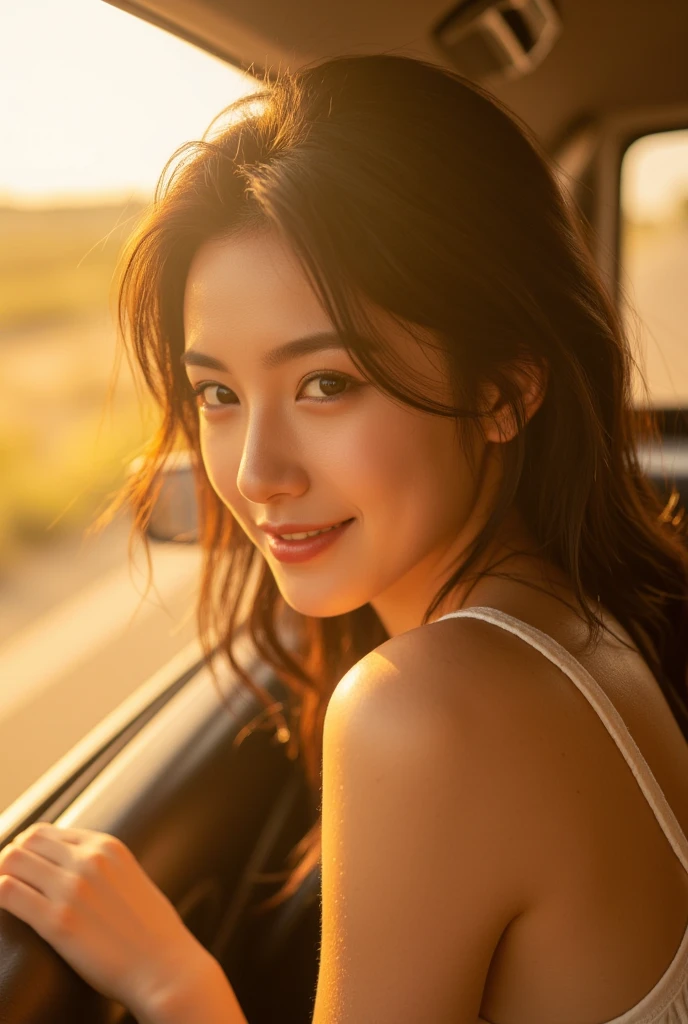 Highest quality, Realistic, Very detailed, In detail, High resolution, (8K), One beautiful woman,, Light brown straight hair, (Colorful fitted camisole), (Colorful fabric shorts), Fully dynamic configuration, Beautiful and delicate eyes, Detailed Hair, (Ample breasts), Realistic , Laughter,Smile and laugh , (Natural pose),(Model pose), (Slender full-body model, Down to the toes:1.3), (Sit on a chair), Earrings,necklace,High heels, (Side Shot:1.3),(Side view:1.3),Sit in the passenger seat,(Aim from a distance),