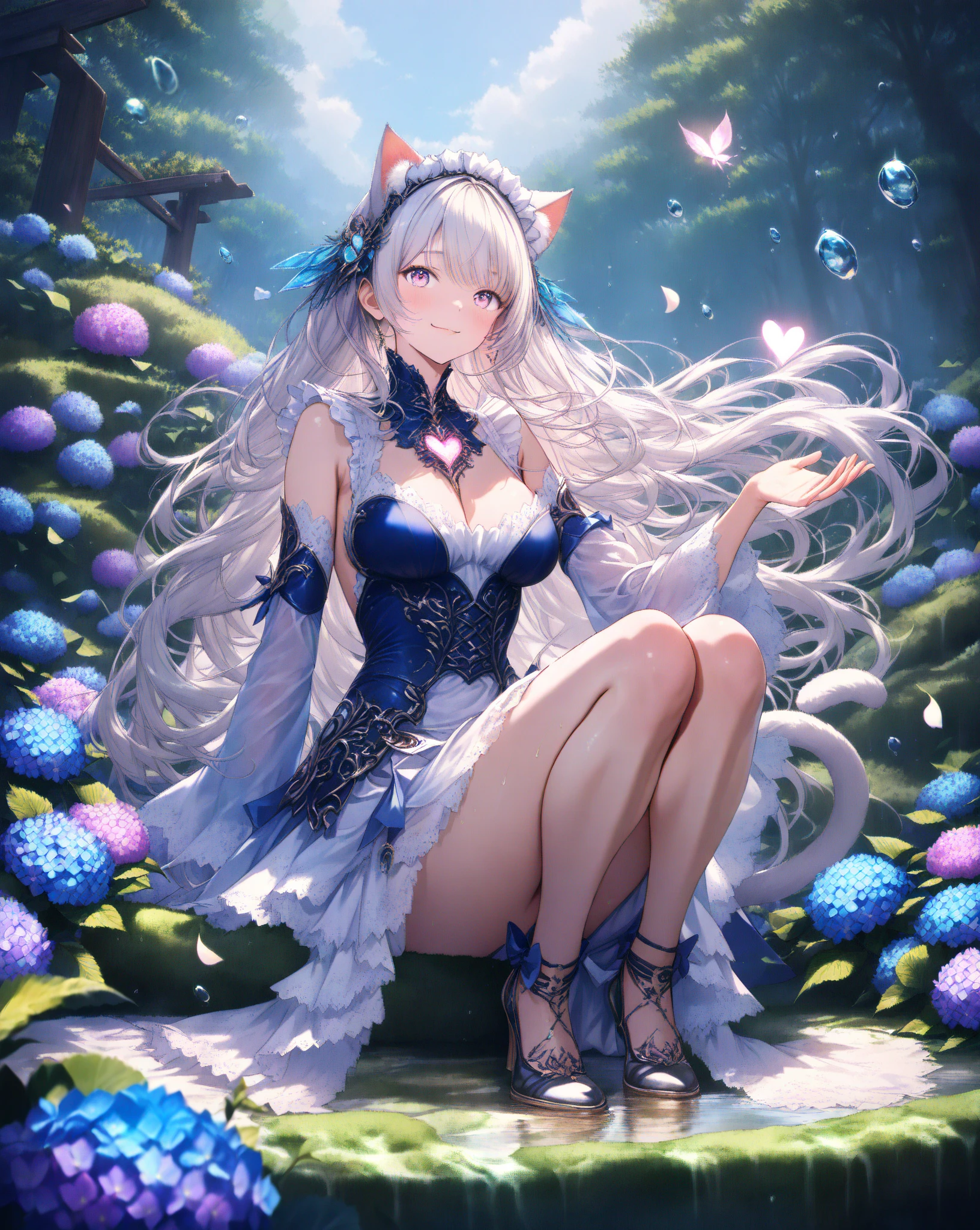 tmasterpiece,cat ear,White hair,Anime shoujo,Long white hair,A blue headdress,Large cleavage,being thin,blue color eyes,A high resolution,Sit on grass,Anime shoujo