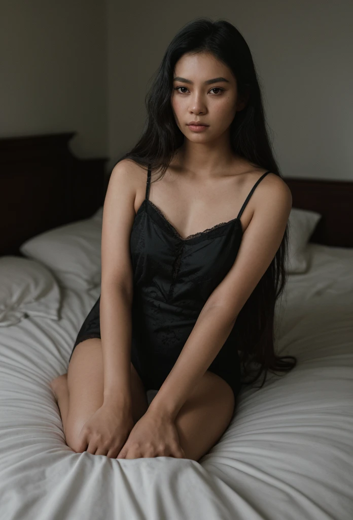 (best quality,realistic:1.37),high-res,sleeping poses girl,1 girl in,young Indonesian girl,19 years old,curly long hair,medium breast,cute thin pajamas, black underware, sleep soundly, warm bedroom light,see through, slight cute smile