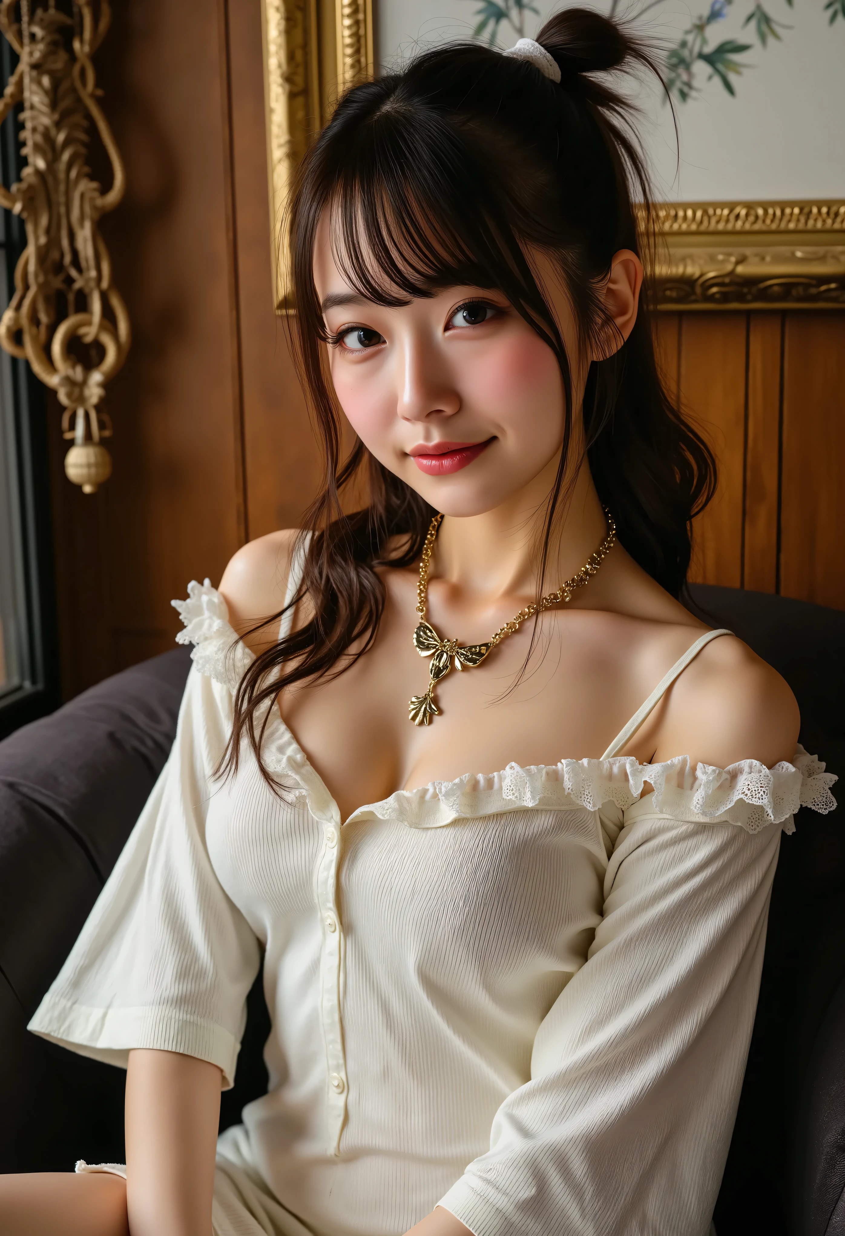 ((anatomically accurate human body structure)), ((Photorealistic:1.5)), (NSFW), Highest Quality, masterpiece, Ultra High Definition, realistic, absurd, ((Very sexy pose)), ((Whitish off-white long, tight knit dress)), (1 person), ((very sexy and seductive pose:1.5)), ((Beautiful long brown hair)), (((A very tight knit dress that fits your body and shows your body line {x} A stylish, whitish off-white knit dress with long sleeves from the hands to the elbow that sticks out the shoulders and makes the chest look wide open:1.8))), ((Very sexy pose)), (((Tight off-white long knit dress with sleeves:1.5))), ((Very pretty and cute Japanese woman who is a companion in an upscale lounge)), ((Off the shoulder to show shoulders, chest, and upper arms)), ((you can see the tips of your nipples with no bra)), (nice and beautiful gold necklace), Very sexy slightly open lips, white lace panties to tie hair with both hands, cinematic lighting, (very real skin), (Highly detailed, realistic eyes:1.9), (Very beautiful long, realistic eyelashes), (Highly detailed, realistic eyebrows), (Round brown eyes :1.8), (Beautiful catchlights in the eyes), (Realistic lips with moisture ), (white realistic teeth neatly arranged), ( Beautiful and Detailed Face :1.6),((Slender and very stylish)), (Beautiful round and shaped bust), (Tight, thin waist), beautiful face, (sitting on a luxurious sofa:1.5), (standing:1.2), (Slightly leaning forward: 1.3), (Slightly from above:1.2), (close-up:1.4), realistic, Tight off-white long knit dress with sleeves, ((luxurious living room in a luxury lounge)), Sweaty, Beautiful, Realistic Skin, blurry background,  accurate hand shape, Accurate hand finger shape , 5 fingers on one hand , (Color temperature 5000K)