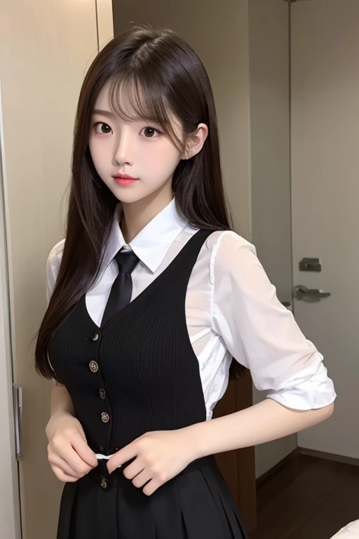 (1 Korean star with royal sister style), ((Best quality, 8K, 巨作: 1.3)), focal point: 1.2, Perfect body proportions: 1.4, (Make a smile), Watery eyes, Highly Detailed Face and Skin Textur, Fine eyes, Double eyelids, Whitens the skin, (long whitr hair, By bangs: 1.3), (face round: 1.5), (Black JK uniform: 1.4), (white stockings: 1.4),(JK style:1.4),(Girls' bedroom:1.3)(sit on a bed:1.3)