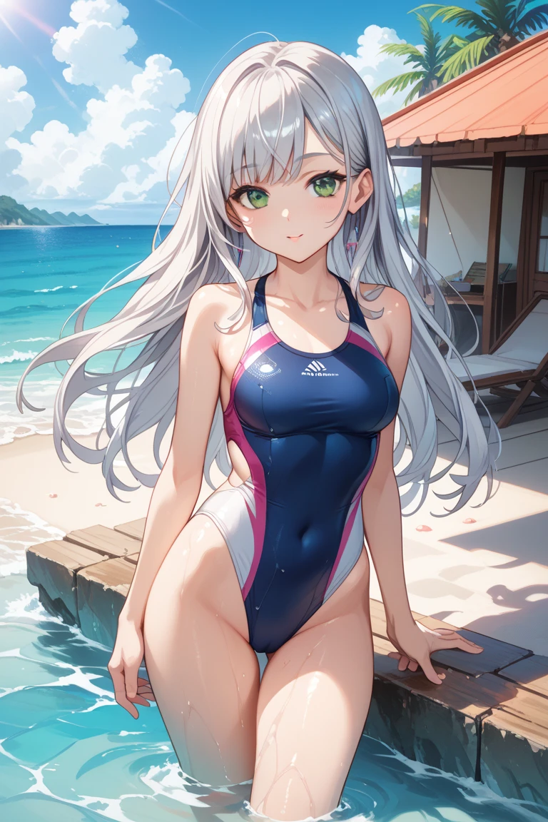 ((4k、8k、top-quality、perfect fingers:1.3、perfect anatomia:1.3、Blur the background))、((stright long hair:1.3、sixteen years old、a beautiful slender girl、a baby face))、((onepiece swimsuit))、(Cute big round eyes)、blushing shy smile、Full Body Display、is standing、blue-sky、White sandy beach、