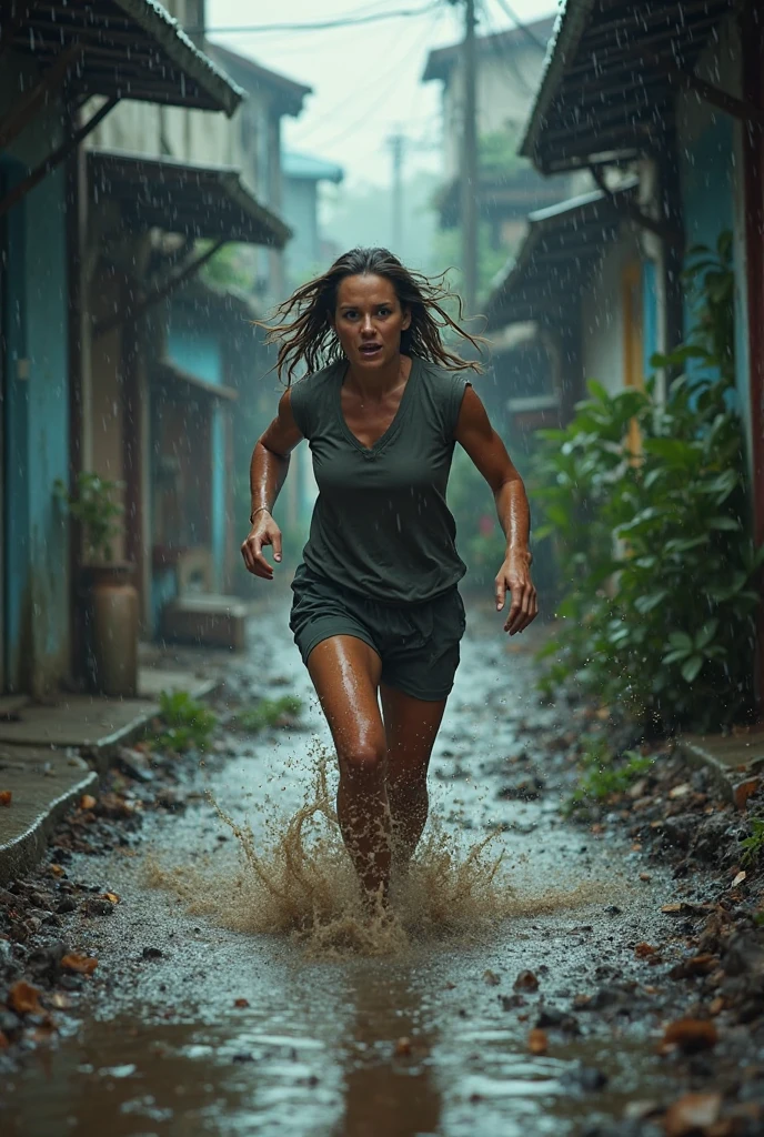 teenager with big breasts, Indonesian, torn clothes, torn clothes, running in the rain, scared, long loose hair, at night, cobbled road, barefoot, small, fear, fright, terror, low light,