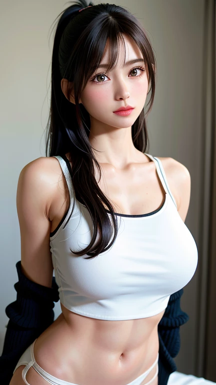 ((Best quality, 8k, Masterpiece :1.3)), 1girl, beautiful woman with emphasis on slender abs: 1.3, (long hair, big breasts: 1.2), oversized tank top: 1.2, super delicate face, delicate eyes, double eyelids, smile, home, random color clothes