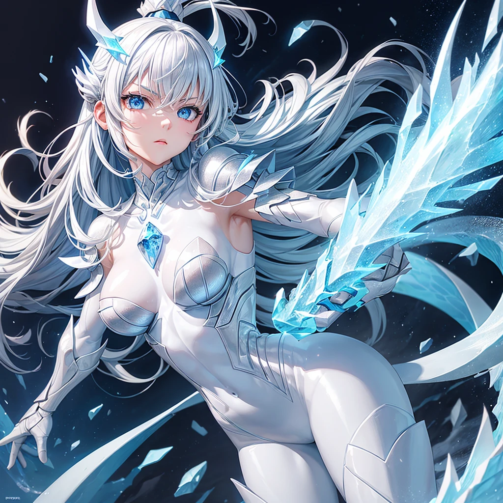 (beautiful ice beauty), (the ice queen power armor), (erotic pose), 8k, waist-length view, (arms crossed on the chest), sits, contemptuous look, the crown of sin