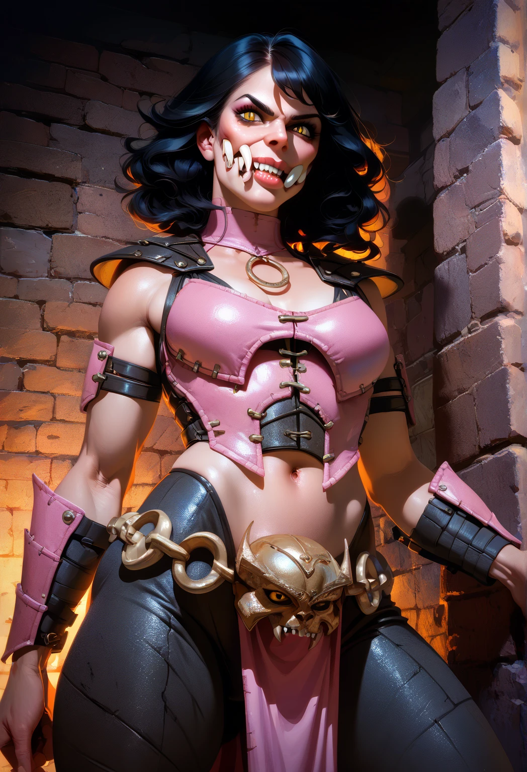 Sophi turner is infected by a Gene Stealer in warhammer 40k ( ragged clothes, 4 large chitinous arms ending in 3 large claws, 4 eyes on the right side of her head, insanely large mouth full of red sharp teeth, long purple tapered tongue, extra powerful legs,skin mottled with ugly chitinous patches, tattered blue uniform of the Astra Militarum), lewd poses at the viewer, ruined sci fi gothic city