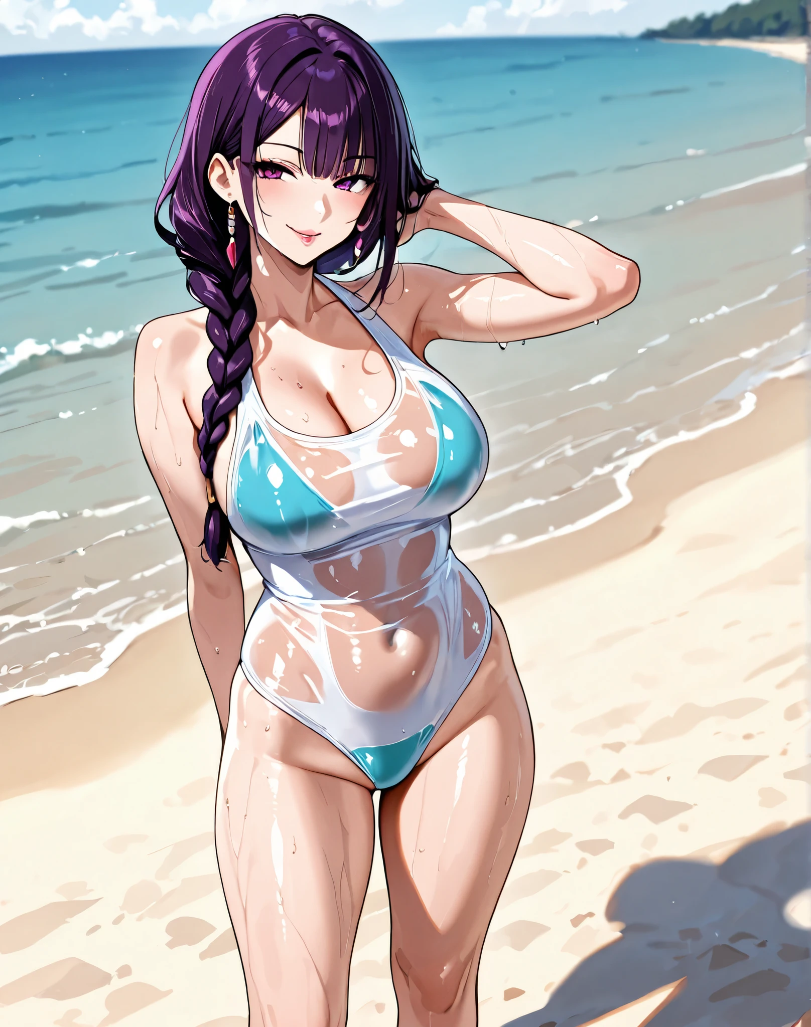a woman wearing a yellow bikini, purple hair, pigtails, big breasts, walking on the sand of a beach, sea water in view, beach bars in the background, orange eyes, smiling,full body, (woman solo), HDR, ultra resolution, sharp, masterpiece, 8K HD
