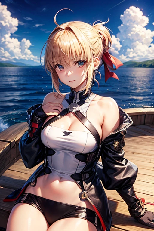1young_teen_ girl,blond_hair,medium_bob_hair,white_leotard,,thigh,medium_breasts,smile,open_mouth,harbor_background,apart_legs,happy,short_gloves ,solo, covered_navel,coverd_groin,