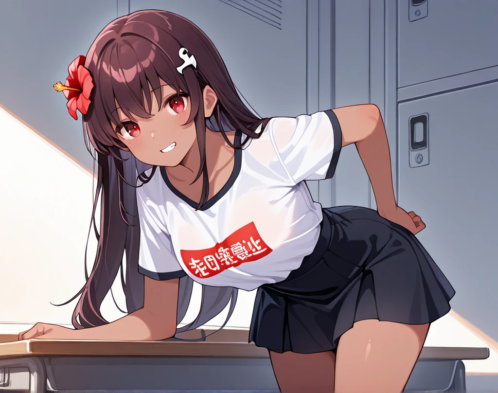 Yukimi, 10., Blunt bangs, ,Shortcuts,Black Hair,,Flat Chest, Expressionless, shy, whole body, Highest quality, School classroom、Angle from below、stand、(Small :1.4)、(Masturbmbarrassing,Hands Behind Back