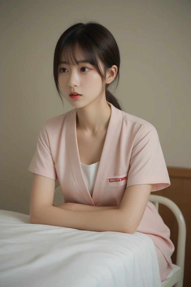 ((highest quality, masterpiece :1.3)), Photorealistic、Ultra-high resolution、Natural skin texture、Hyperrealism、Reflection from the waist up、Beautiful Japanese girl in her early teens、One girl、Chain bondage、Pink nurse uniform、Lying in bed、Frightened expression、Tears flowing