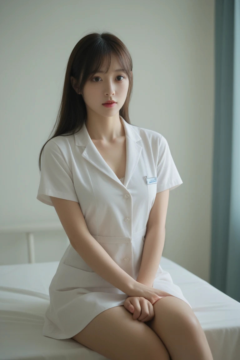 1 girl,(Wearing white nurse clothes:1.2),(RAW Photos, highest quality), (Realistic, photo-Realistic:1.4), masterpiece, Very delicate and beautiful, Very detailed, 2k wallpaper, wonderful, finely, Very detailed CG unity 8k wallpaper, Very detailed, High resolution, Soft Light, Beautiful detailed girl, Very detailed eyes and face, Beautiful and detailed nose, finely beautiful eyes, nurse, Perfect Anatomy, Black Hair, Upstyle, nurse uniform, (()), Long skirt, nurse, White costume, thin, hospital, clear, White Uniform, hospital room, Neck auscultation,Bobcut、(((Sit with your knees apart:1.3)))