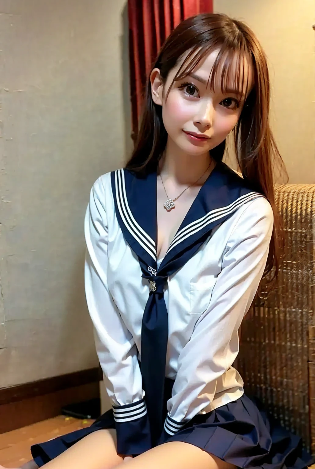 (highest quality, 4K, 8k, High resolution, Tabletop:1.2), Brown Hair、Beaver、Her breasts are beautiful and large。study。Press your chest against the desk。Sailor suit。Hands in front。
