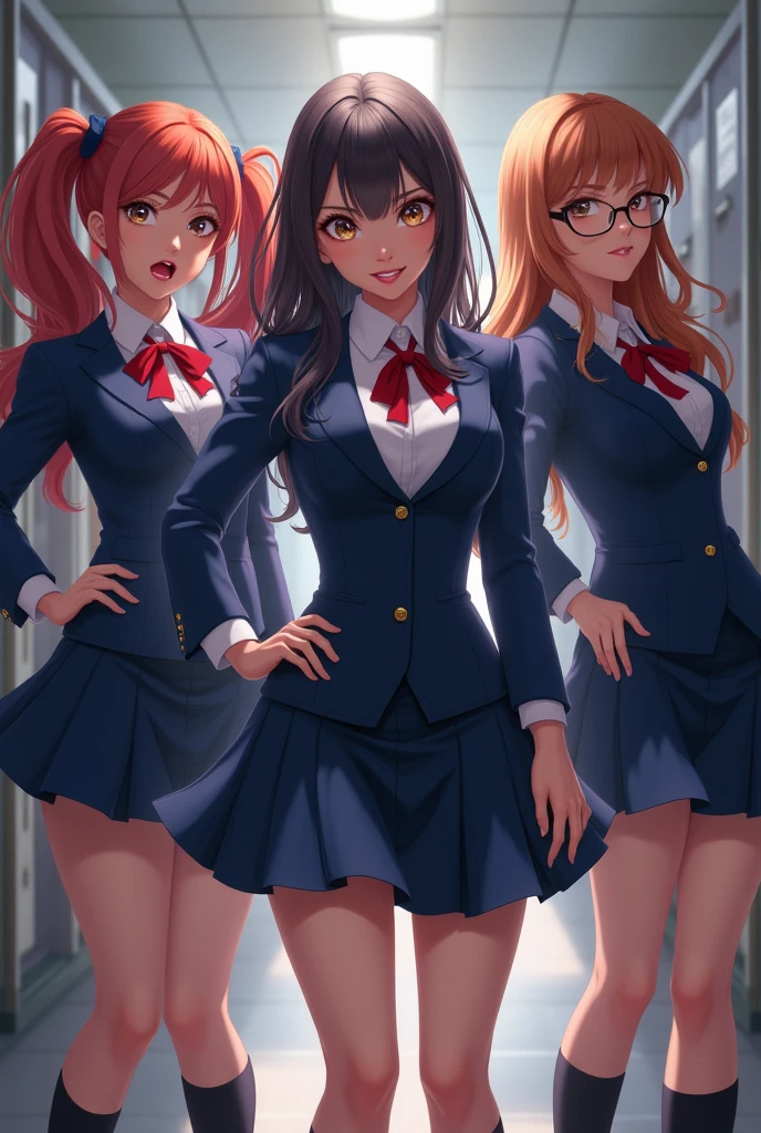 draw three different girls, the first is brunette with curls and blue eyes, the one in the middle is a beautiful blonde with wide eyes and the third from the right is a redhead with fair skin and blue eyes., the three are wearing student uniforms and looking at the viewer with a mischievous look, com mais uniforme estudantil, full of details and all three wearing glasses, sorrir maliciosamente para o telespectador, Ultra resolution, sobrancelhas franzidas e sorrir malicioso, Franzir as duas sobrancelhas, Franzir as duas sobrancelhas,Franzir as duas sobrancelhas, sorrir
