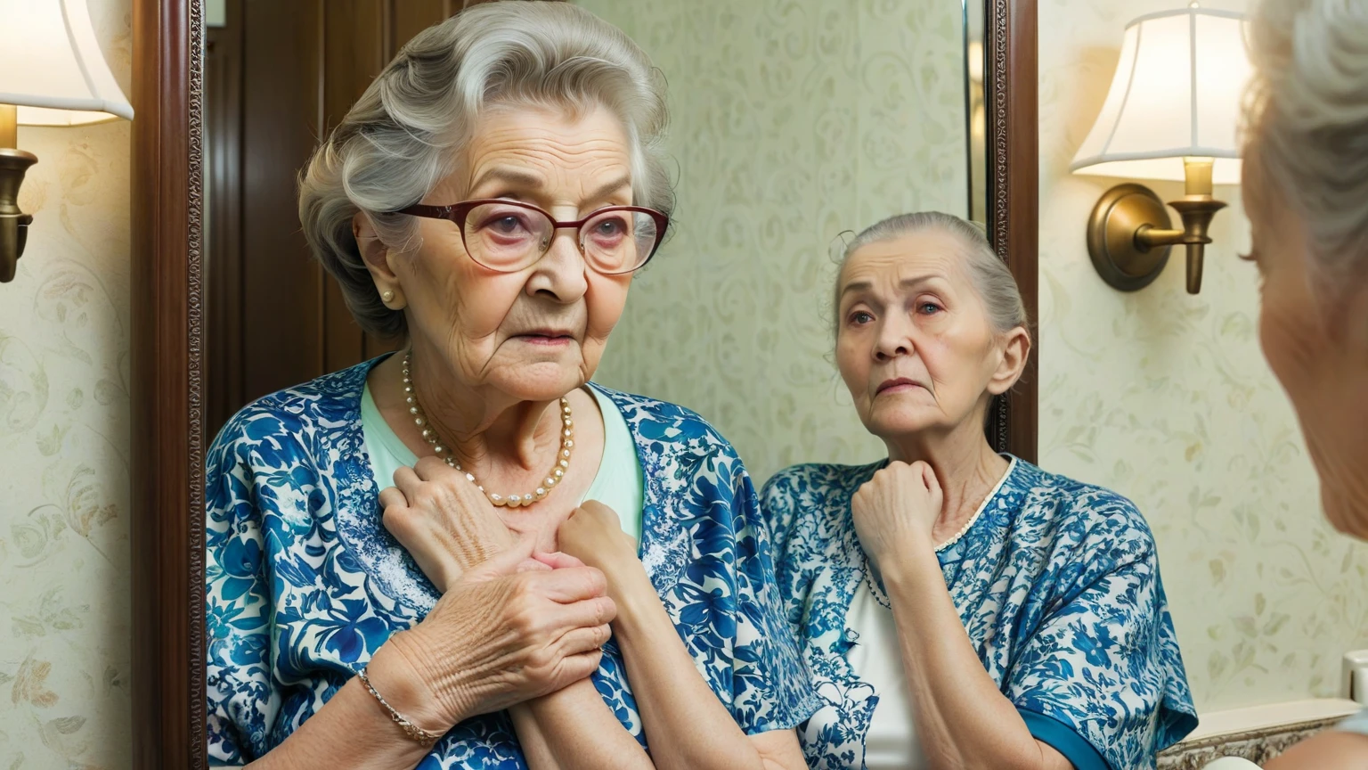 Woman trying to unhook an old woman
