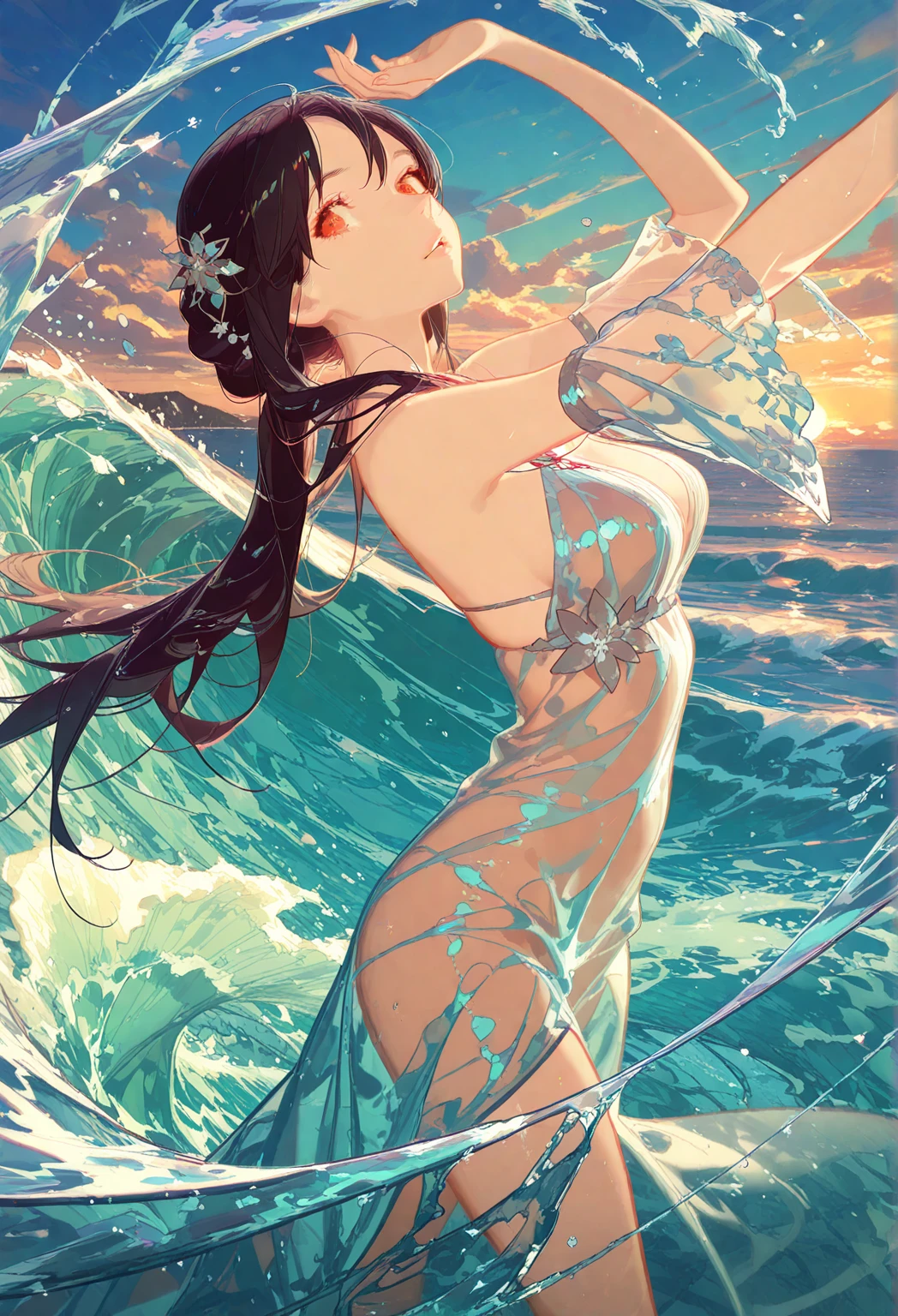 Transparent, wet, gradient, sexy swimsuit, ((Realistic lighting, Best quality, 8K, )), (realistic:2, photorealistic: 1.37), photography, masterpiece, best quality, beautiful wallpaper, sunlight, --auto --s2