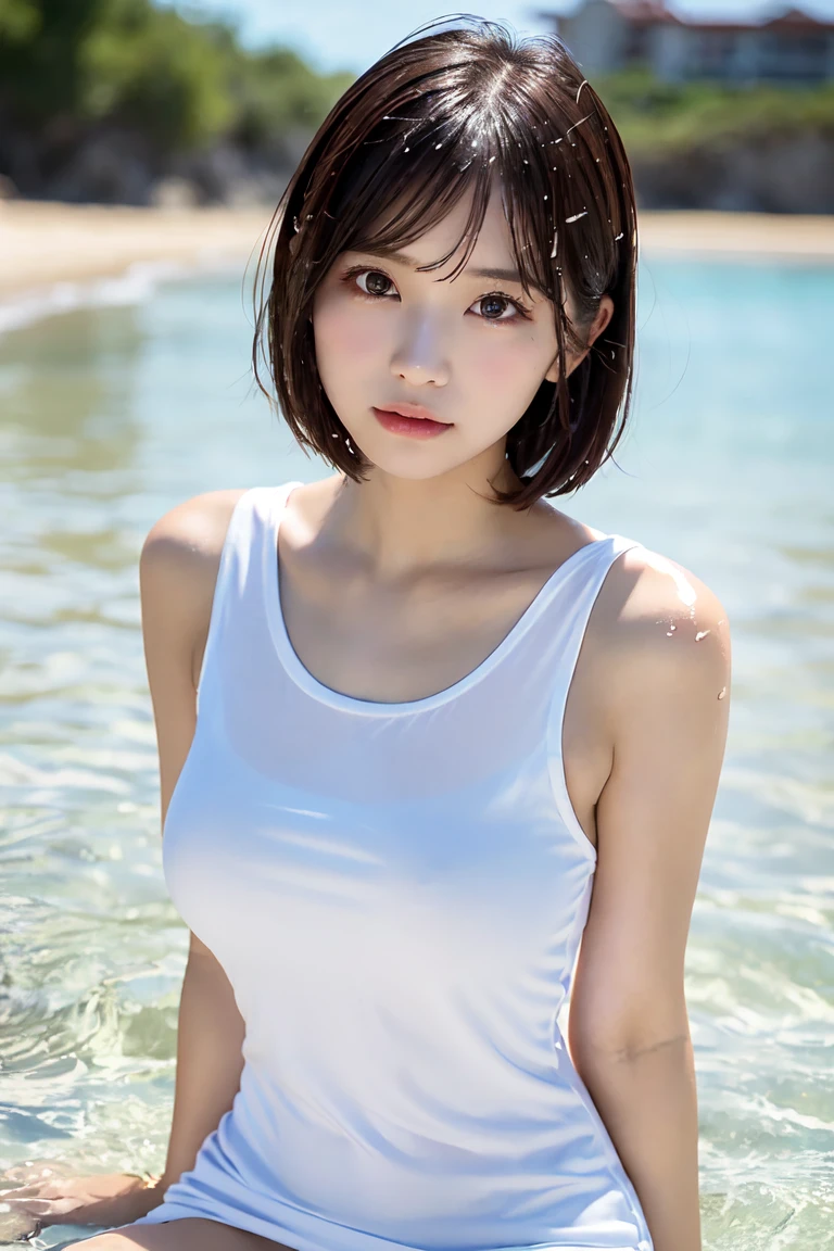 Beautiful woman with detailed body, upper body, brown short hair, perm, shirt, making eye contact, (wet hair)