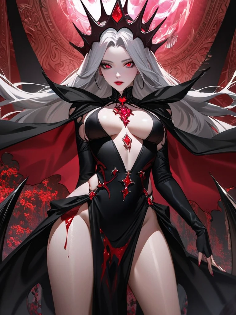 (Vampire queen:1.2), skinny, thin, evil smile, pale white skin, (full body), (massive fake tits), detailed eyes, detailed background, high resolution, very detailed, vibrant, goddess, natural lighting, (deep cleavage), (mini breasts patch:1.2), (long string thong).