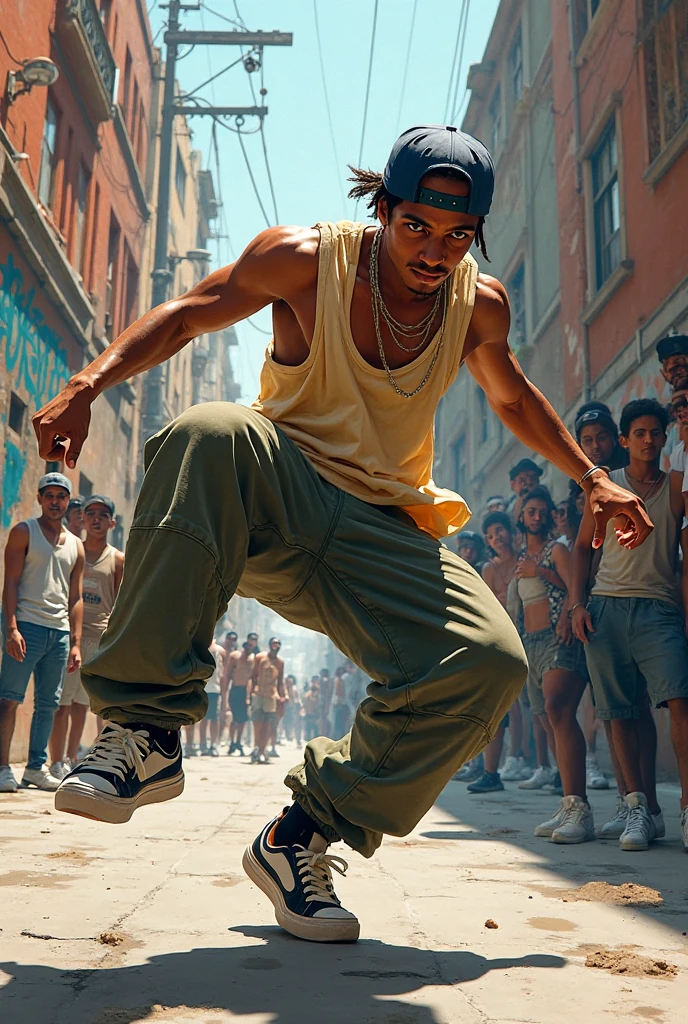 masterpiece of photorealism, photorealistic highly detailed professional 8k raw photography, best hyperrealistic quality, volumetric real-time lighting and shadows, Smash Cut Shot, Male Villain, Swimmer's Body Shape, Hip-Hop Streetwear, Layered Taper Cut, Dancing or Breakdancing, Marble Quarries with Sculptures in Progress, background full of busy people