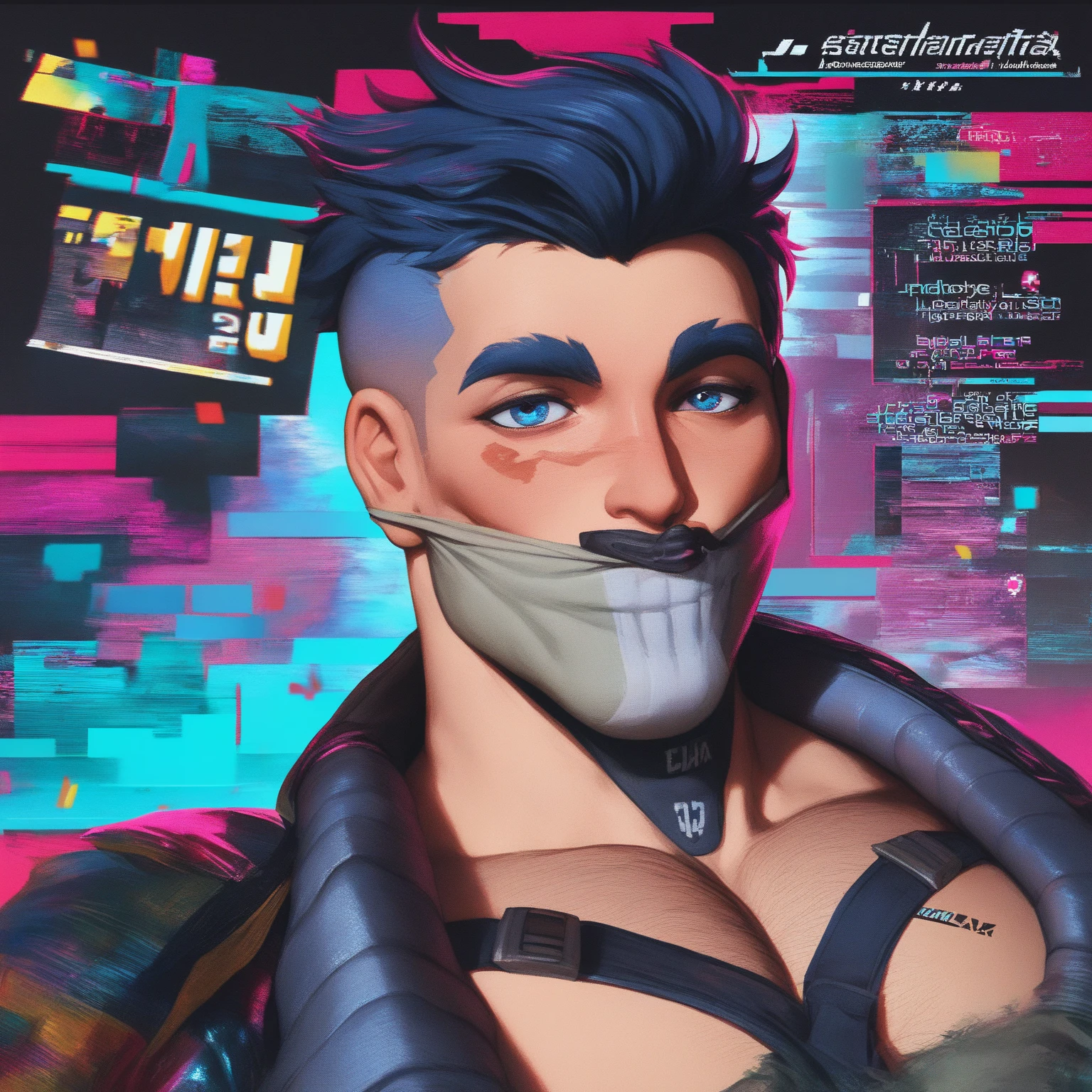 I want a free fire character without a shirt with a tattoo on his chest that says BAKZIN and with white hair and a mask and with a hand over his eye