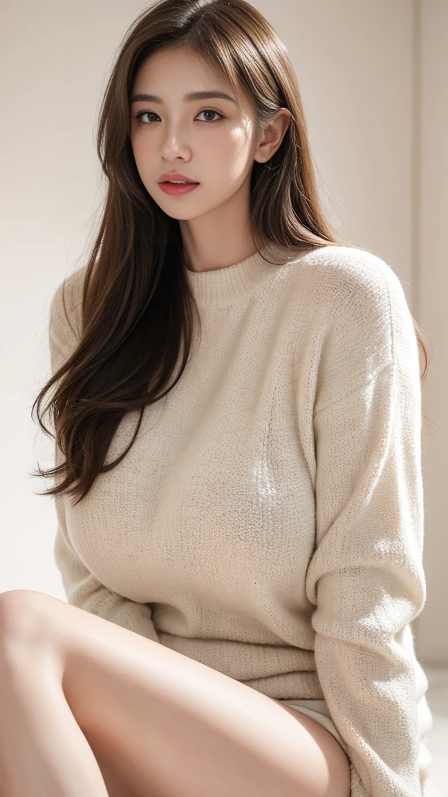 1个Giant Breast Girl,exquisite facial features,Perfect body structure,(Best quality,tmasterpiece,超高分辨率),(long leges:1.3),(shut up),(light smile:1.2),(expressive hair:1.2)(Full body lesbian:1.2)、(School uniform color:3)、Kurfo,(pleatedskirt:1.2),(Be audience-oriented),(knitwear:1.2),Get up,Pose gracefully