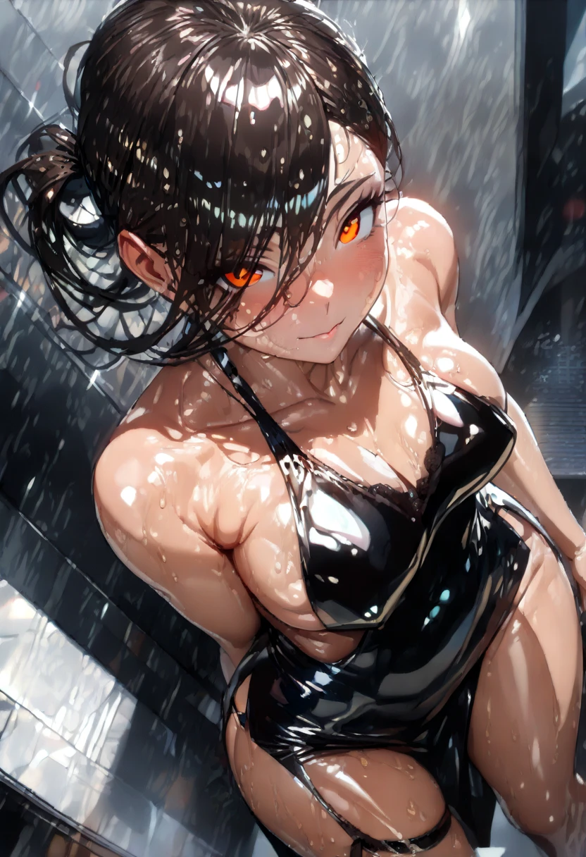 Black competitive swimsuit、One Girl、ponytail、Pool、Black Hair