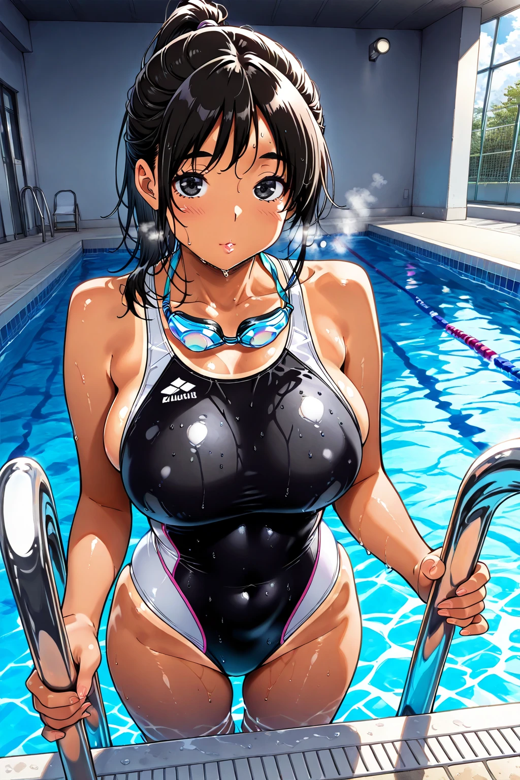 ((from the front:1.6))、Beautiful and cute girl、(((Standing with your legs apart)))、highest quality、ウルトラ - High resolution、High resolution、Highly detailed CG、8k unit wallpaper、、Detailed and beautiful eyes,(((Large Breasts、Strorast)))、((((( Brown Skin:2、Dark Skin:2 , Cleavage ,Moist eyeBlack glossy body,:1.8),((Sunburn mark))、Rabbit Ears、((((((loose socks、Sweat、Swimwear))))))