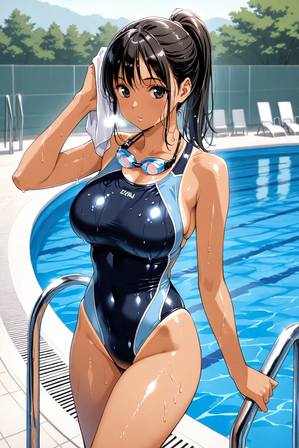 Highest quality, Official Art, masterpiece, Fabric Shading, High resolution, Very detailed, colorful, Indoor swimming pool, Best details, (Adult,30 years old, Mature Woman, conversion:1.5, Female dog, short hair, Black Hair, ponytail、clear, Beautiful Eyes、Tired Hair, Swimwear:1.5, Center of chest, Puffy nipples:1.3, skinny:1.5, Camel Toe:1.5, Public indecency:1.5, Beach:1.5, derogatory, people々々々Surrounded by:1.5 ,smile,pink ハイレグ競泳Swimwear