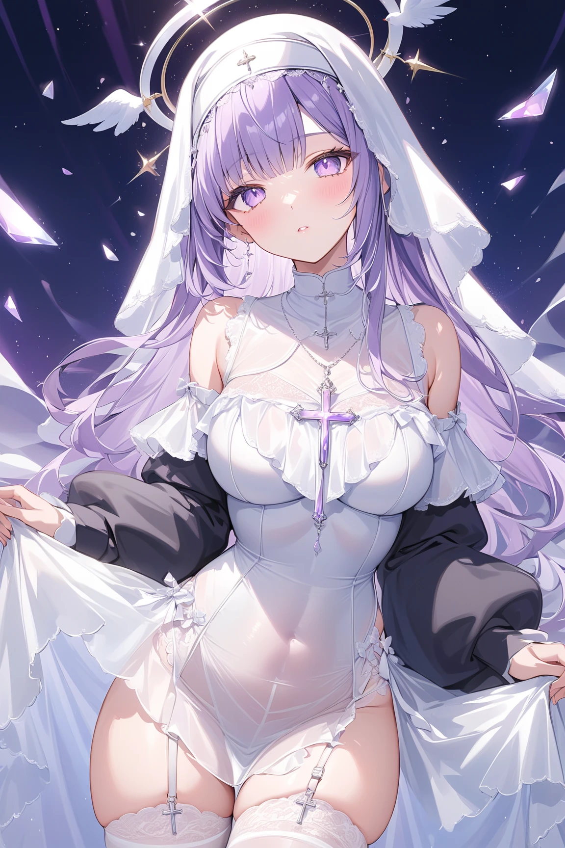 (transparent_white_latex dress:1.2),heart hands,<lora:shixiang-10:0.8>,shixiang, cleavage, large breasts,light smile,best quality