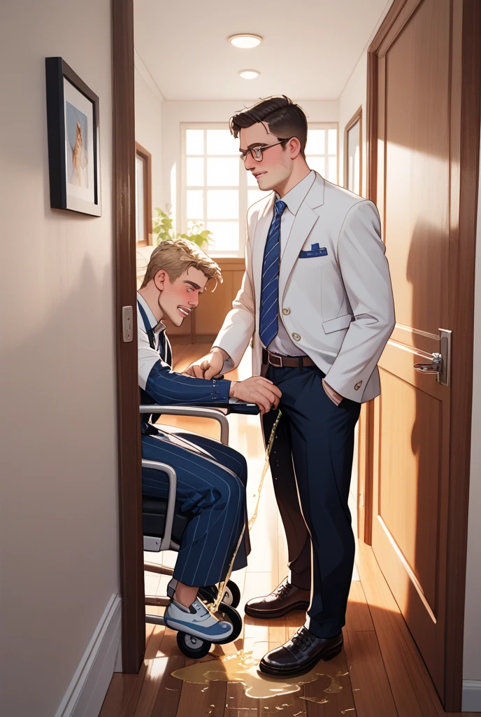 Real Human,Handsome guy in a suit,Both brothers are in wheelchairs,The bed was wide,height is 180 cm,High paraplegia,Loss of sensation from the chest down,Young and handsome,Slim figure,The older brother wears a striped suit,The younger brother wears a casual suit