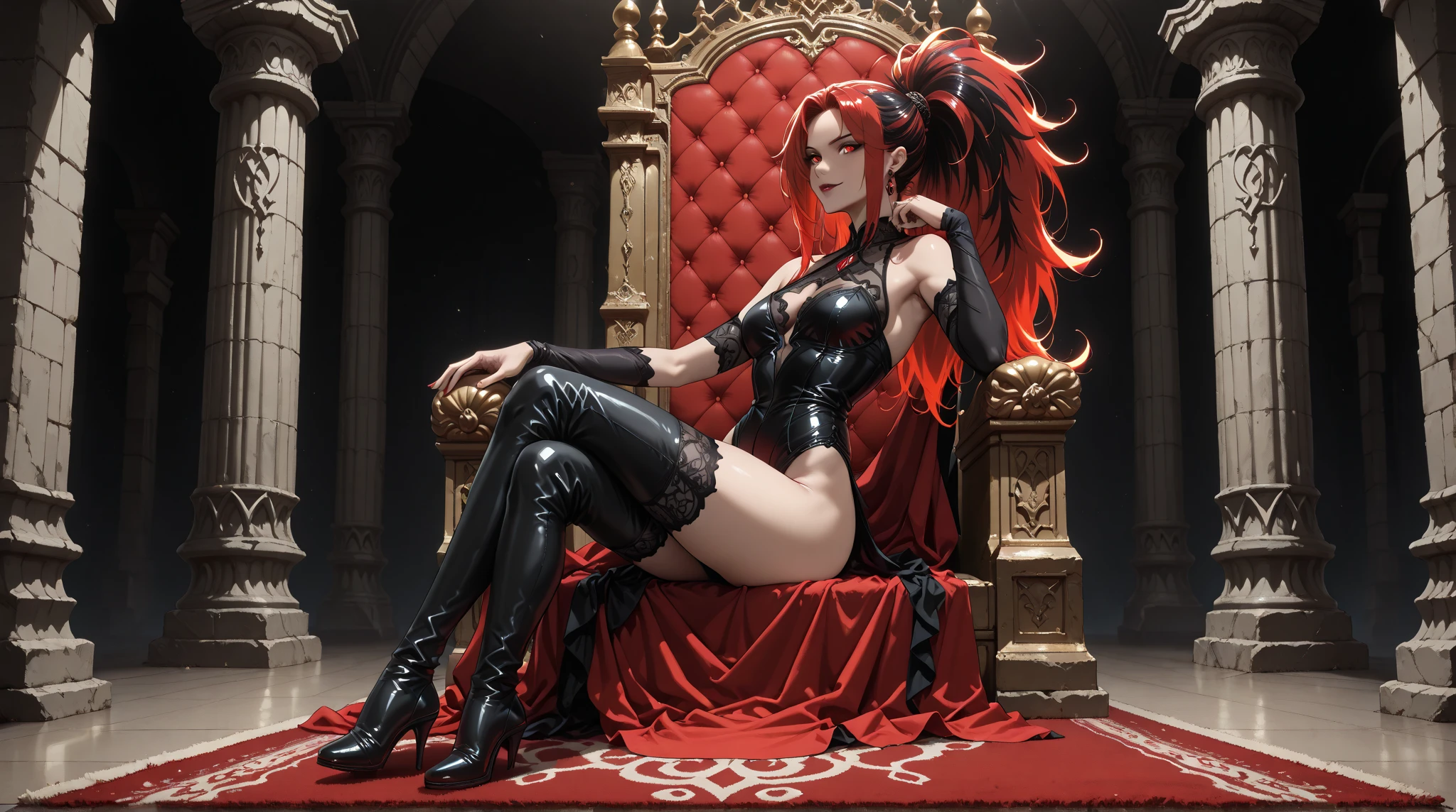 anime style woman in lingerie sitting on a red chair, seductive anime girl, makeup gremory, anya from the spy family x, beautiful and seductive anime woman, ((a beautiful fantasy empress)), on his throne, anime goddess, a beautiful fantasy empress, beautiful succubus, Redhead queen in heavy red armor., sensual smile, extremely detailed artistic germ