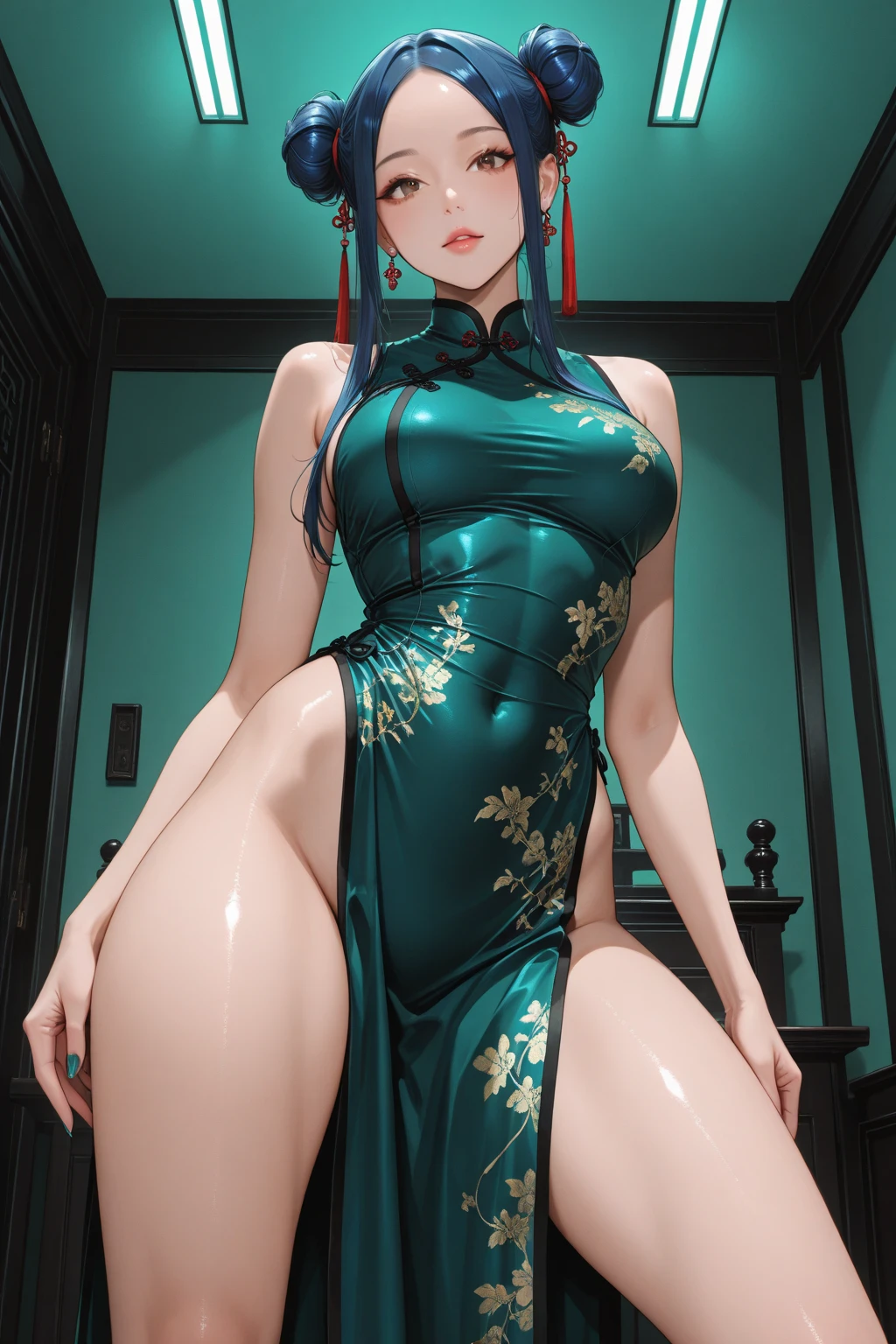 High resolution, adult woman , good lighting, despicable, , (No nudity), (((China dress))), (()), ((())), (garter belt), abdomen only, (),  ,  cute face, I&#39;blush with embarrassment, humiliating, ((look back)), ((See-through))()(T-back)(A large amount of material is attached to the body,)green hair、purple eyes、sheep horn、short hair、big breasts、big ass、Tie it up、